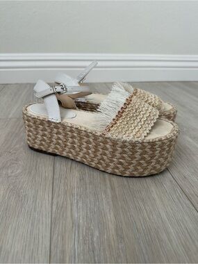 Shutz Fringe Woven Espadrille Platform Sandal - White Strap